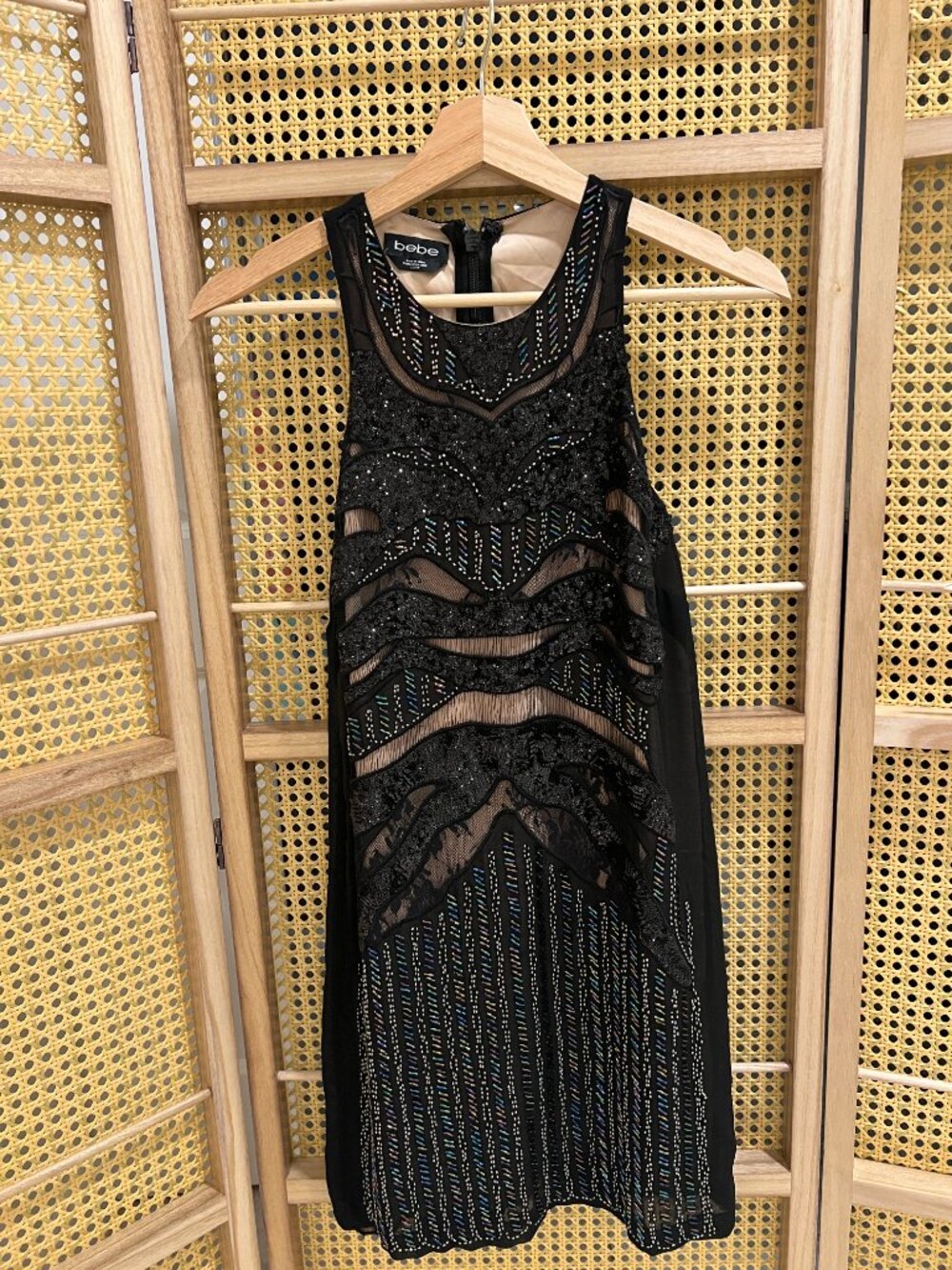 bebe Black Beaded Lace Sequin Shift Mini Dress XXS Y2K